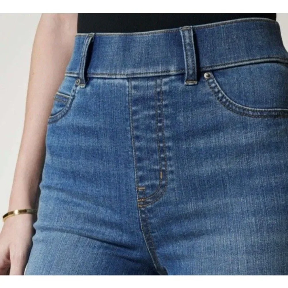SPANX VINTAGE INDIGO FLARE Wide Leg Blue Denim pull-on Jeans Stretch Size L
